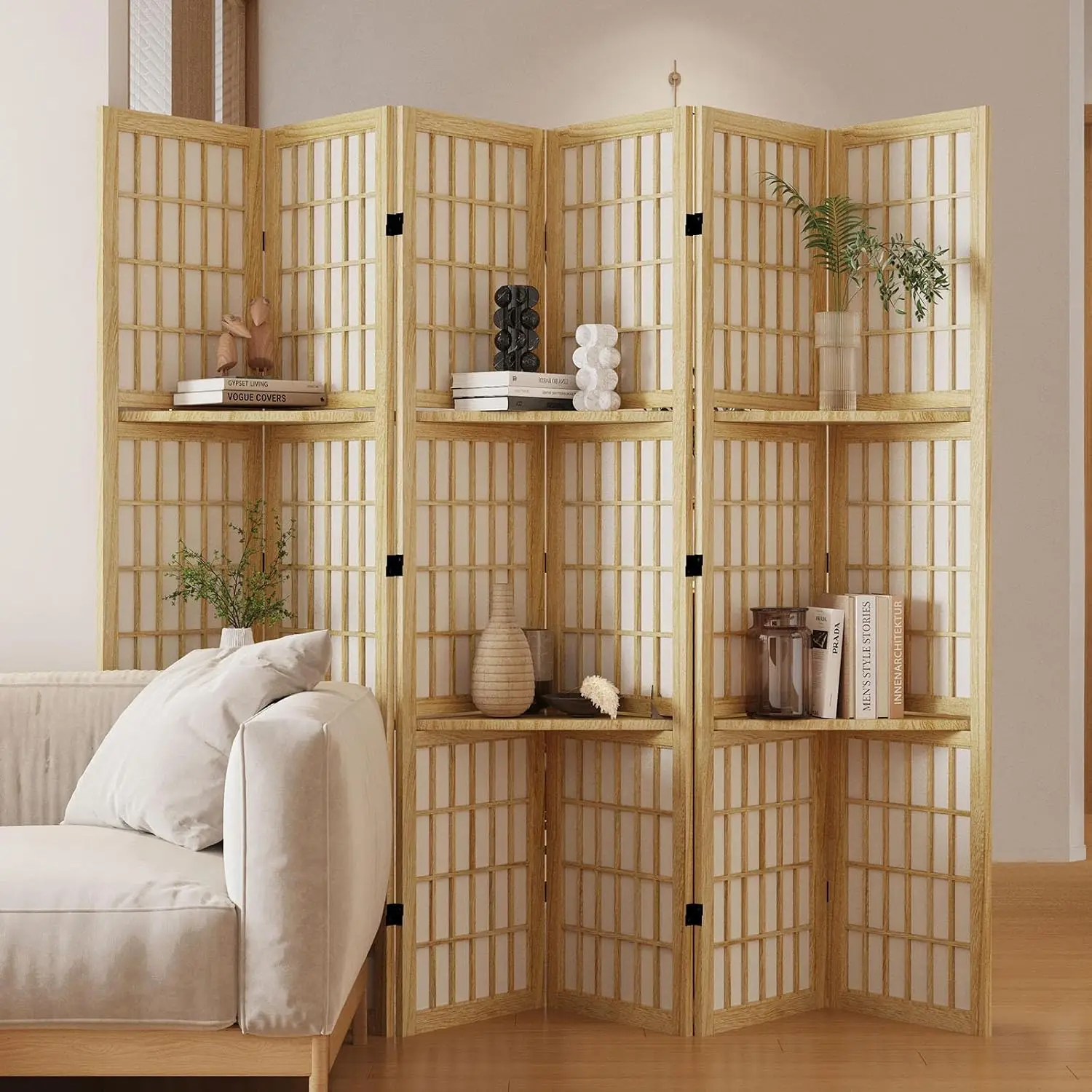 Shoji Screen Divider - Pembatas Ruangan dengan Rak, Layar Kayu