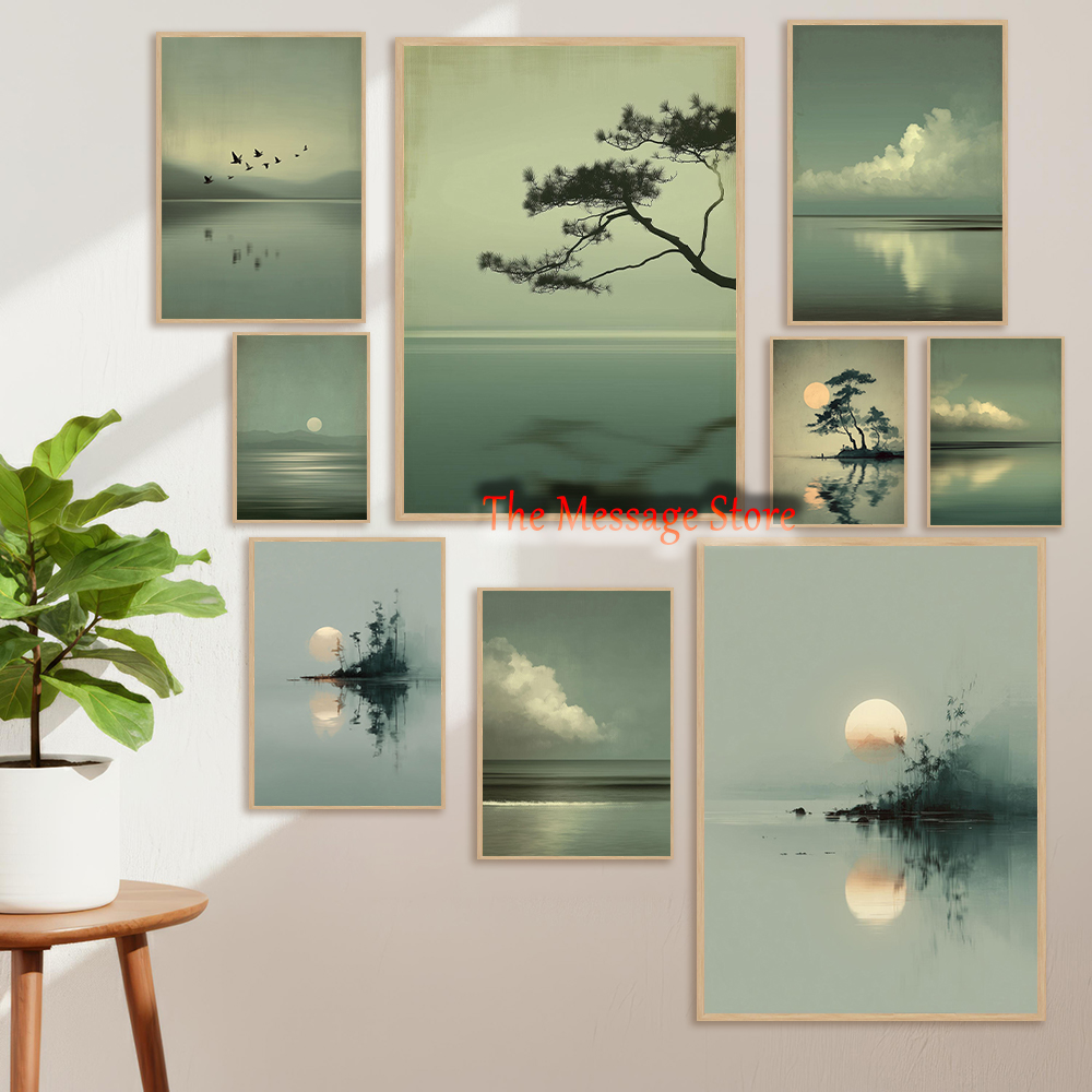 Japanese Minimalist Lifestyle - Lukisan Kanvas Poster Hijau Sage Zen